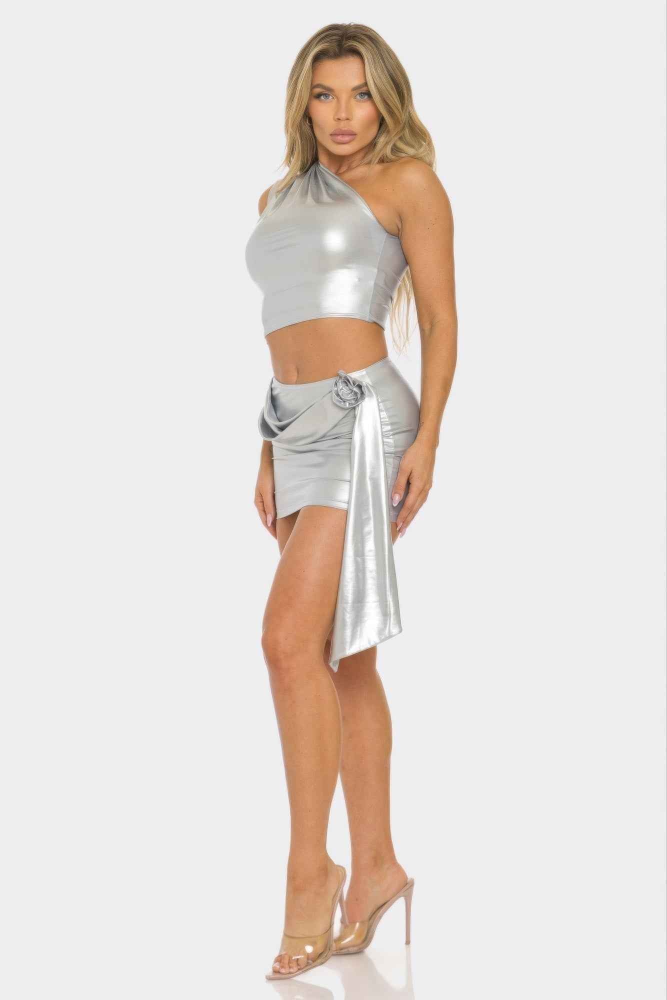 Metallic One Shoulder Crop Top Set