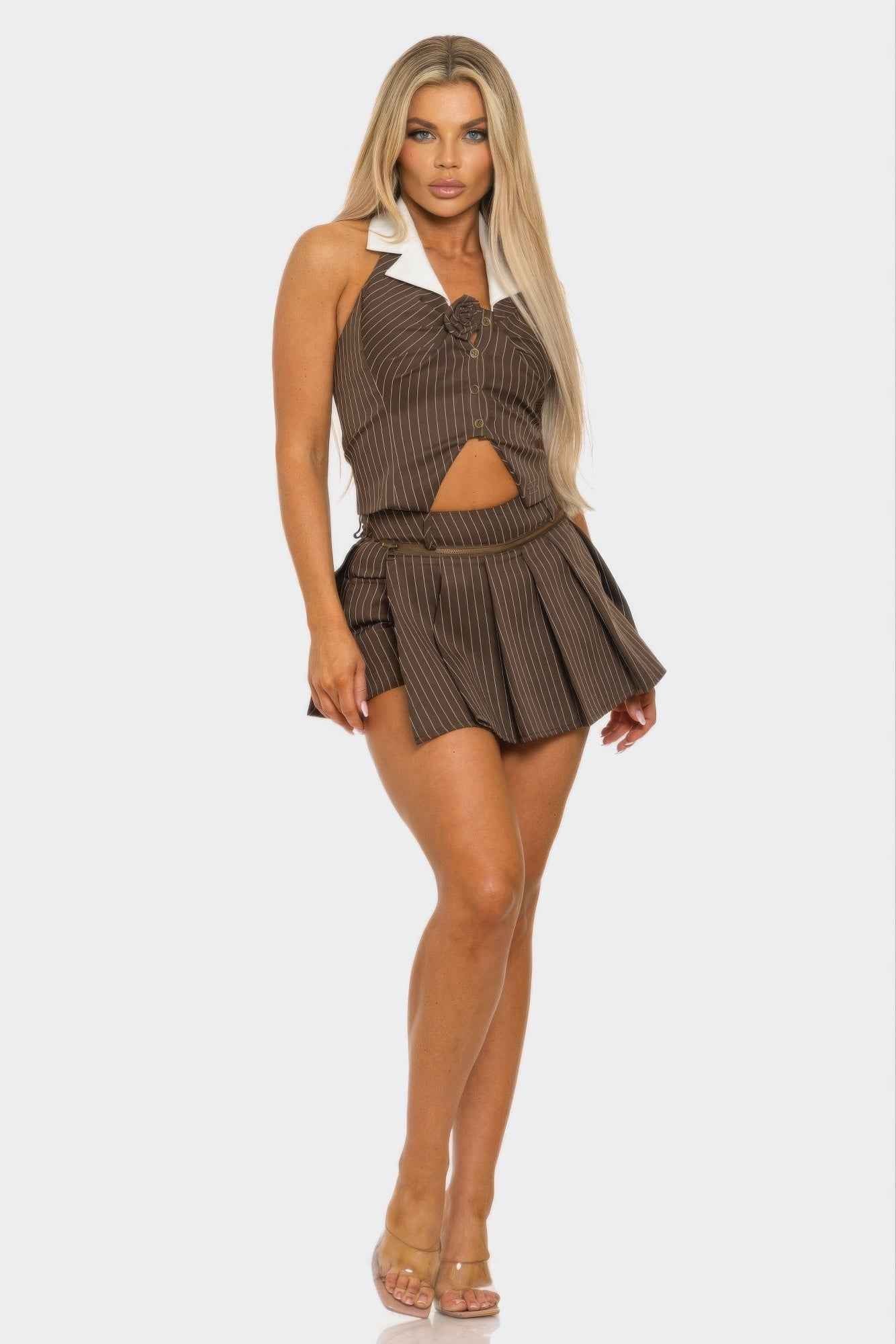 Collared Vest Pleated Skort Set