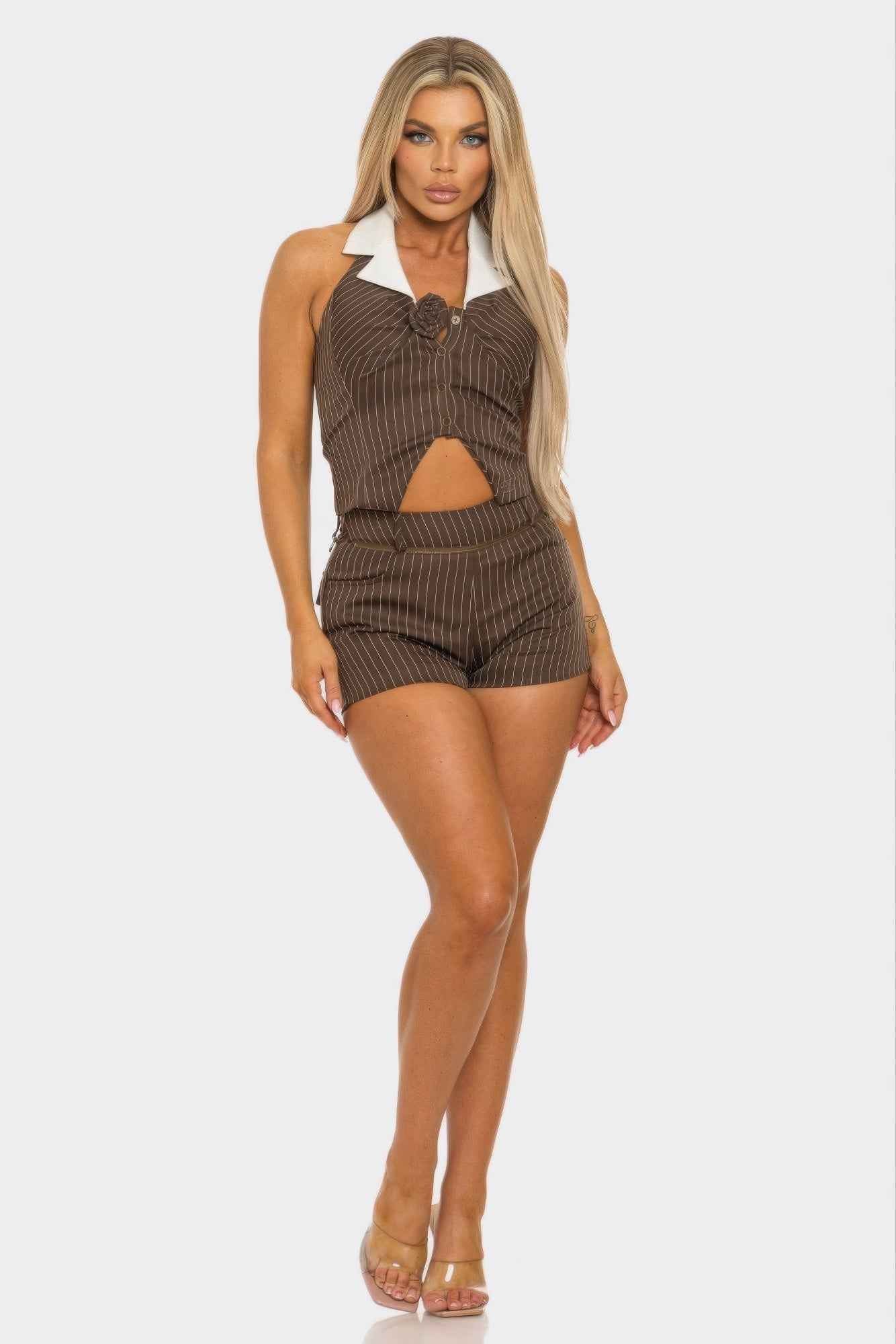 Collared Vest Pleated Skort Set