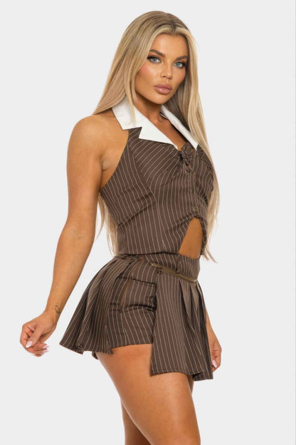 Collared Vest Pleated Skort Set
