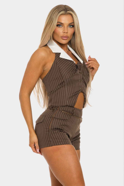 Collared Vest Pleated Skort Set