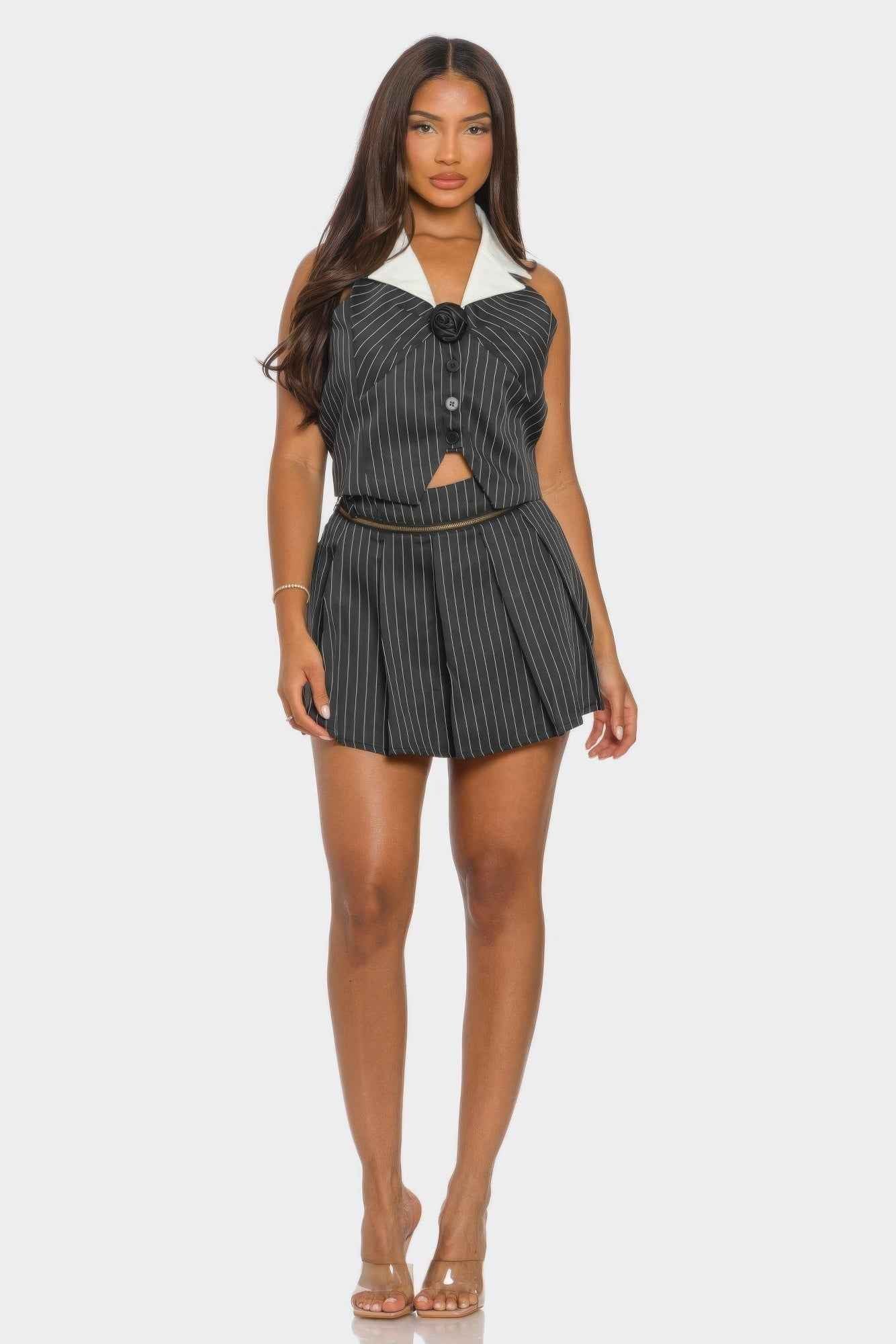 Collared Vest Pleated Skort Set