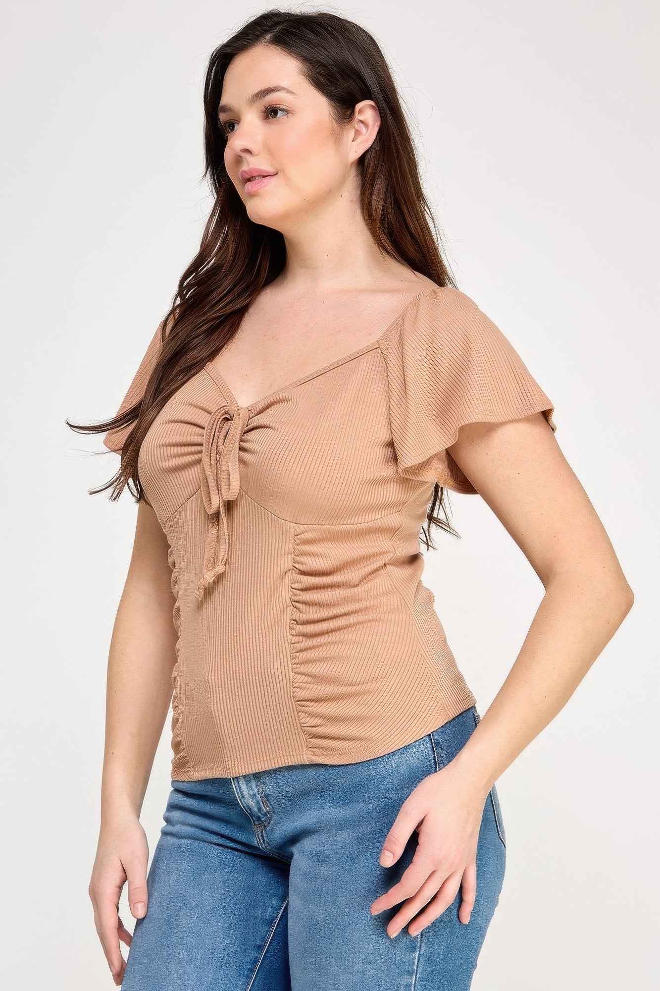 Plus Size Flare Ss V-neck Knit Rib Top
