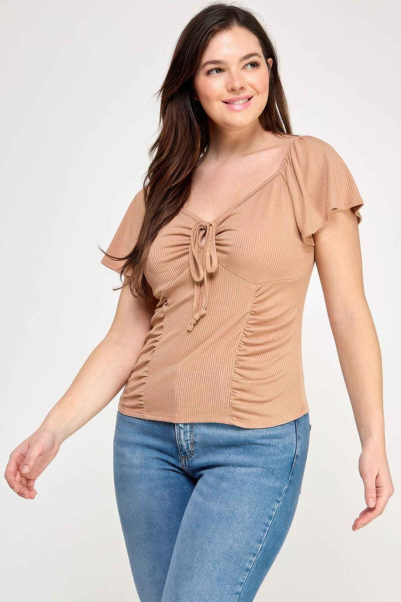 Plus Size Flare Ss V-neck Knit Rib Top