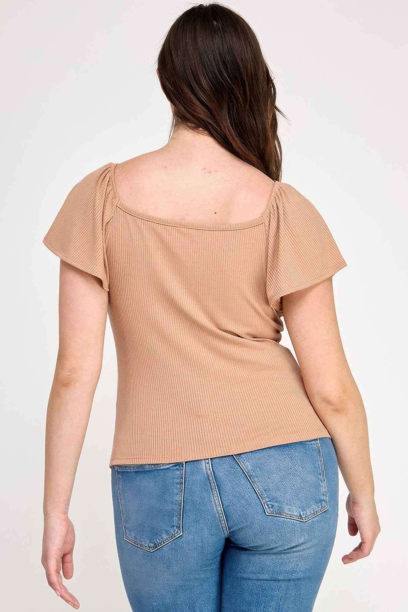 Plus Size Flare Ss V-neck Knit Rib Top