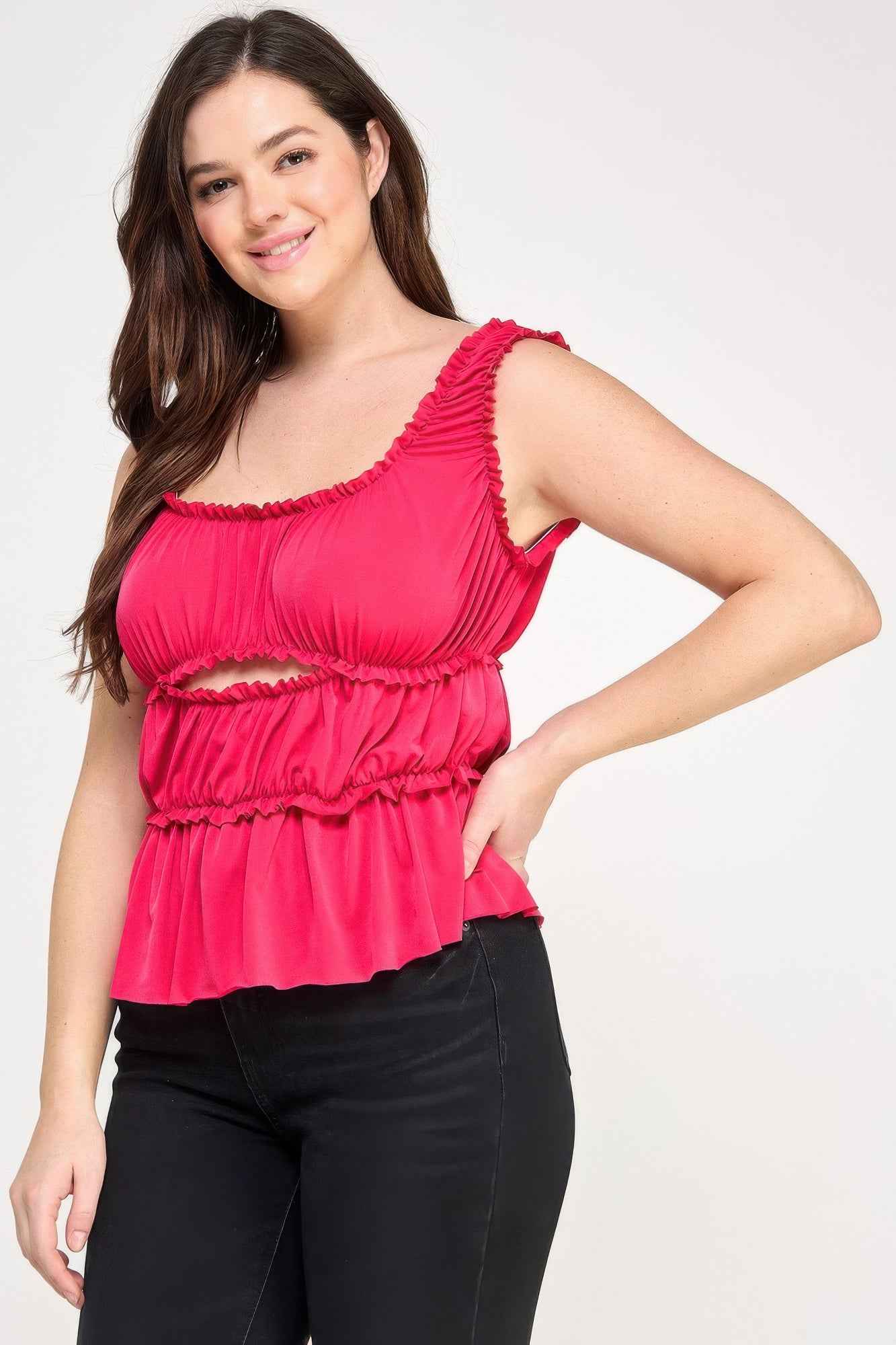 Plus Size Ruffled Tank With Cut Out