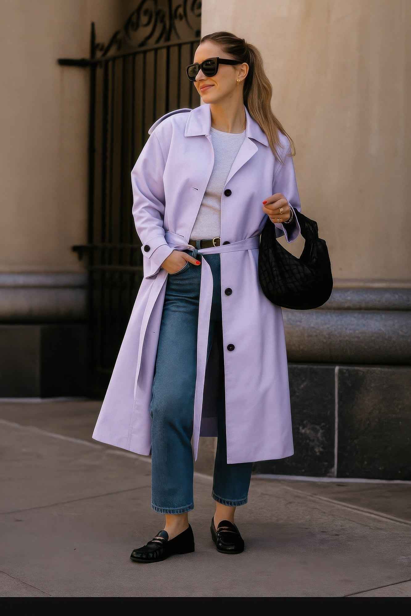 Solid Long Sleeve Trench Coat Woman Lined