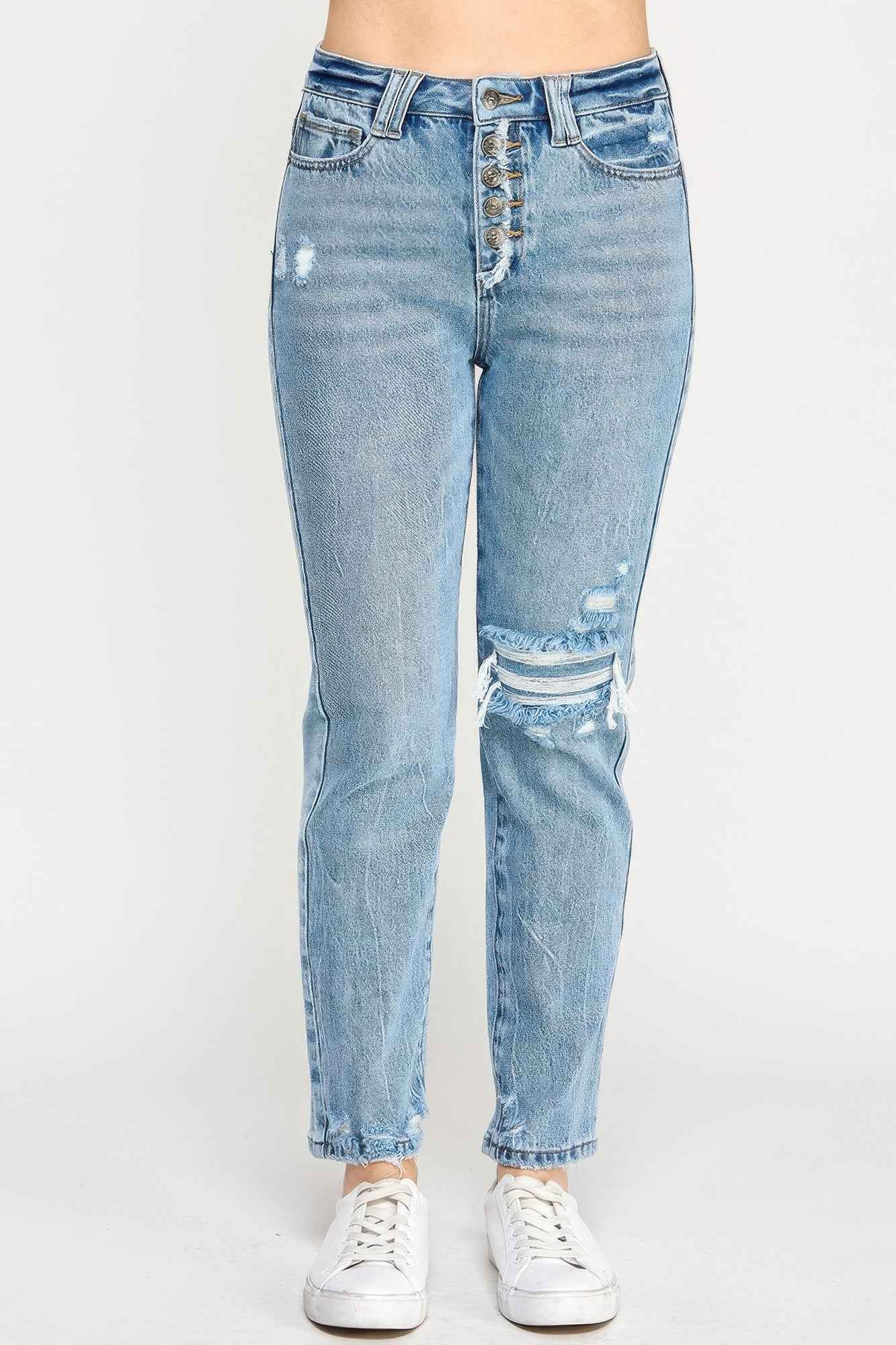 High Rise Button Fly Crop Slim Straight