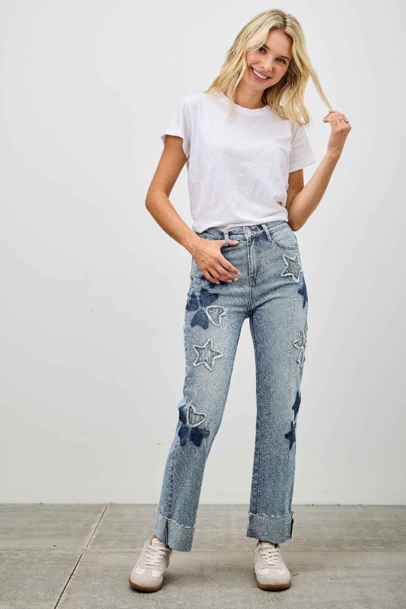 High Rise Star & Heart Patched Dad Jean W/stretch