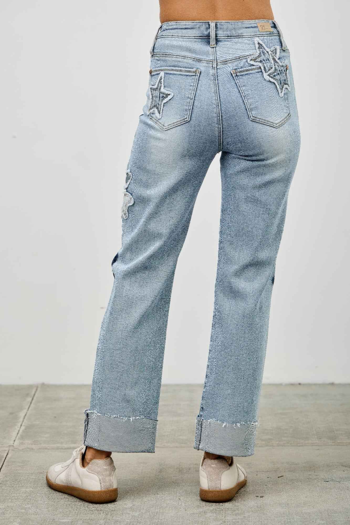 High Rise Star & Heart Patched Dad Jean W/stretch