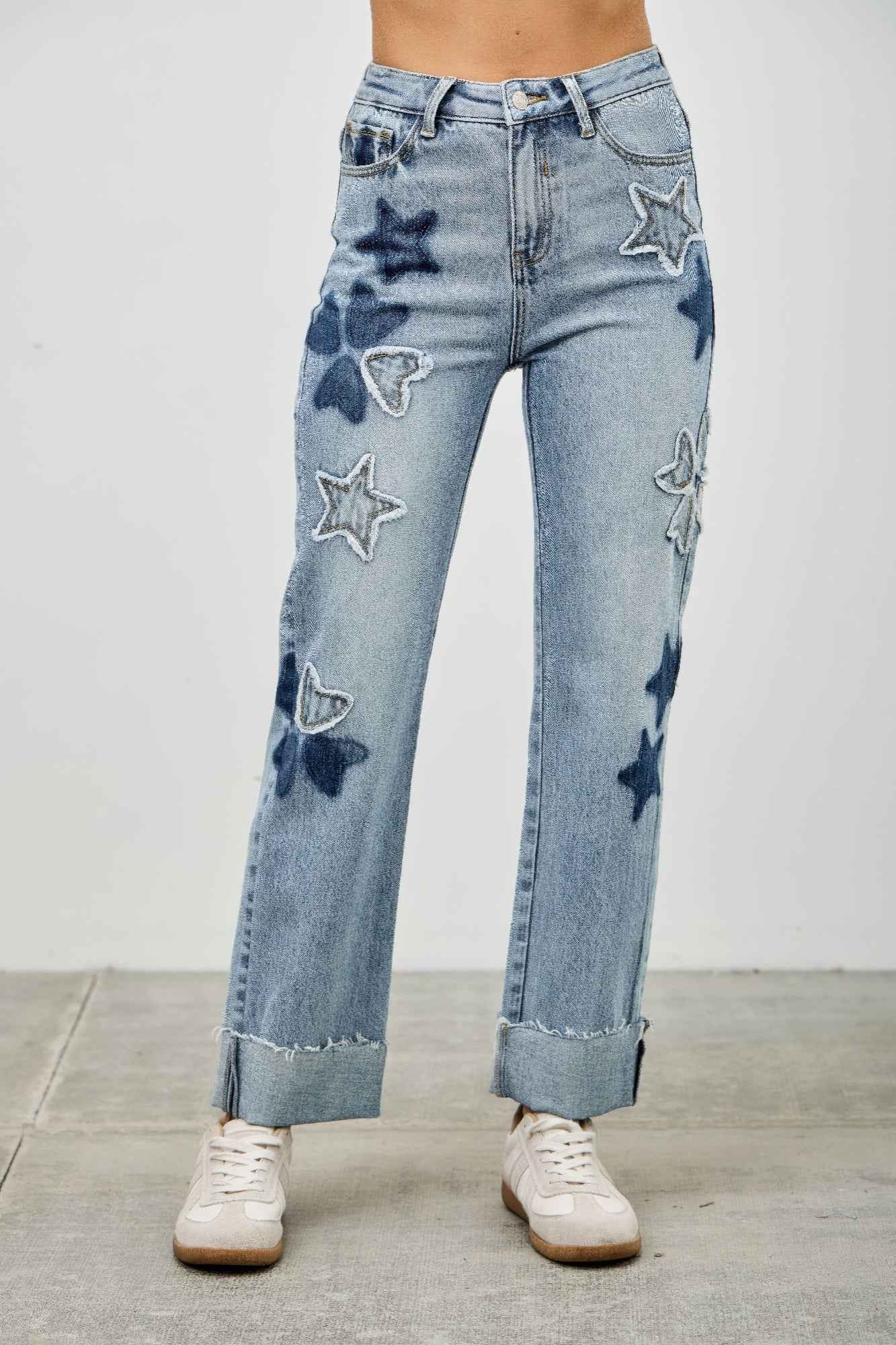 High Rise Star & Heart Patched Dad Jean W/stretch