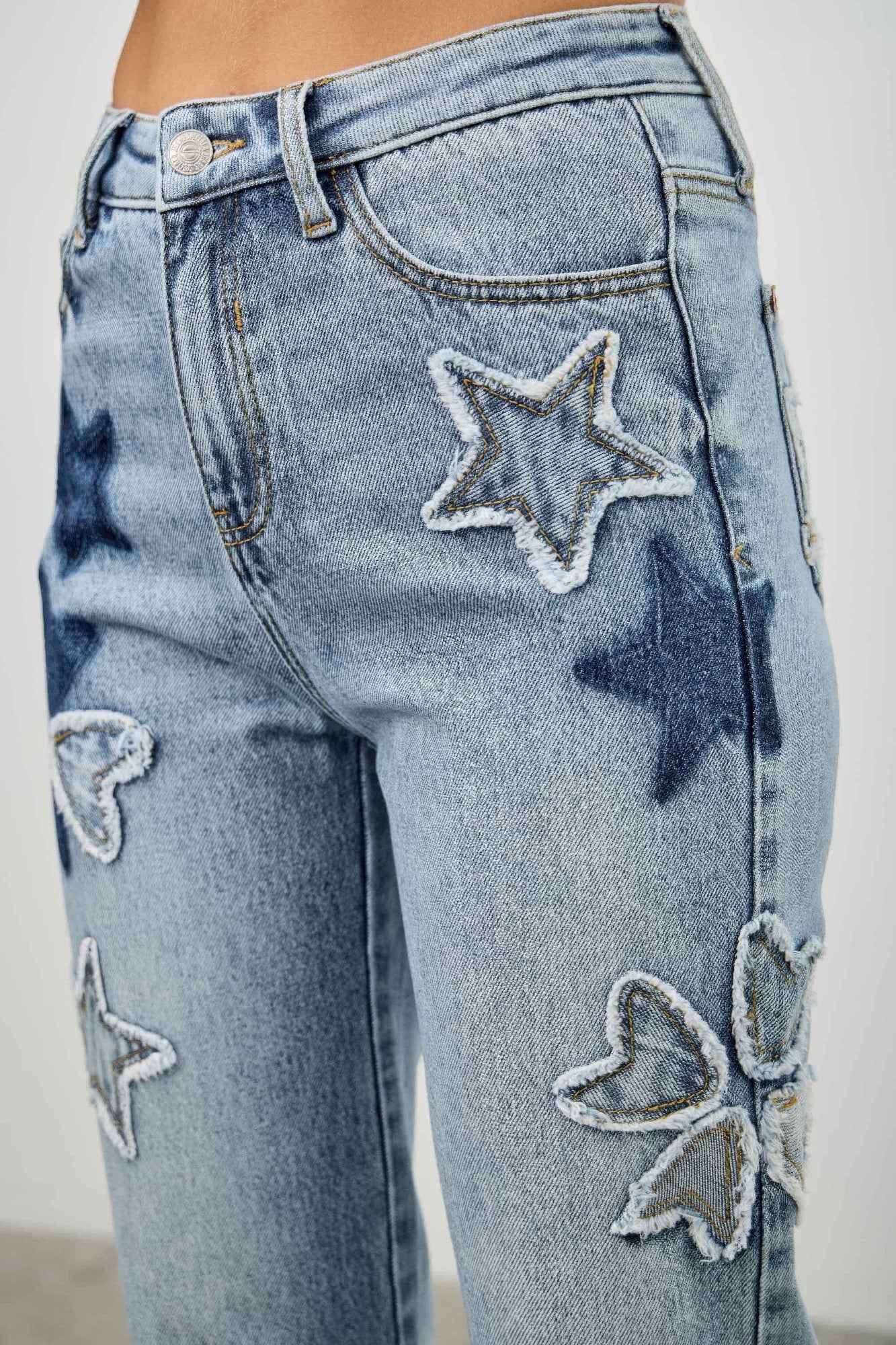 High Rise Star & Heart Patched Dad Jean W/stretch