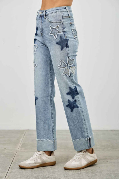 High Rise Star & Heart Patched Dad Jean W/stretch