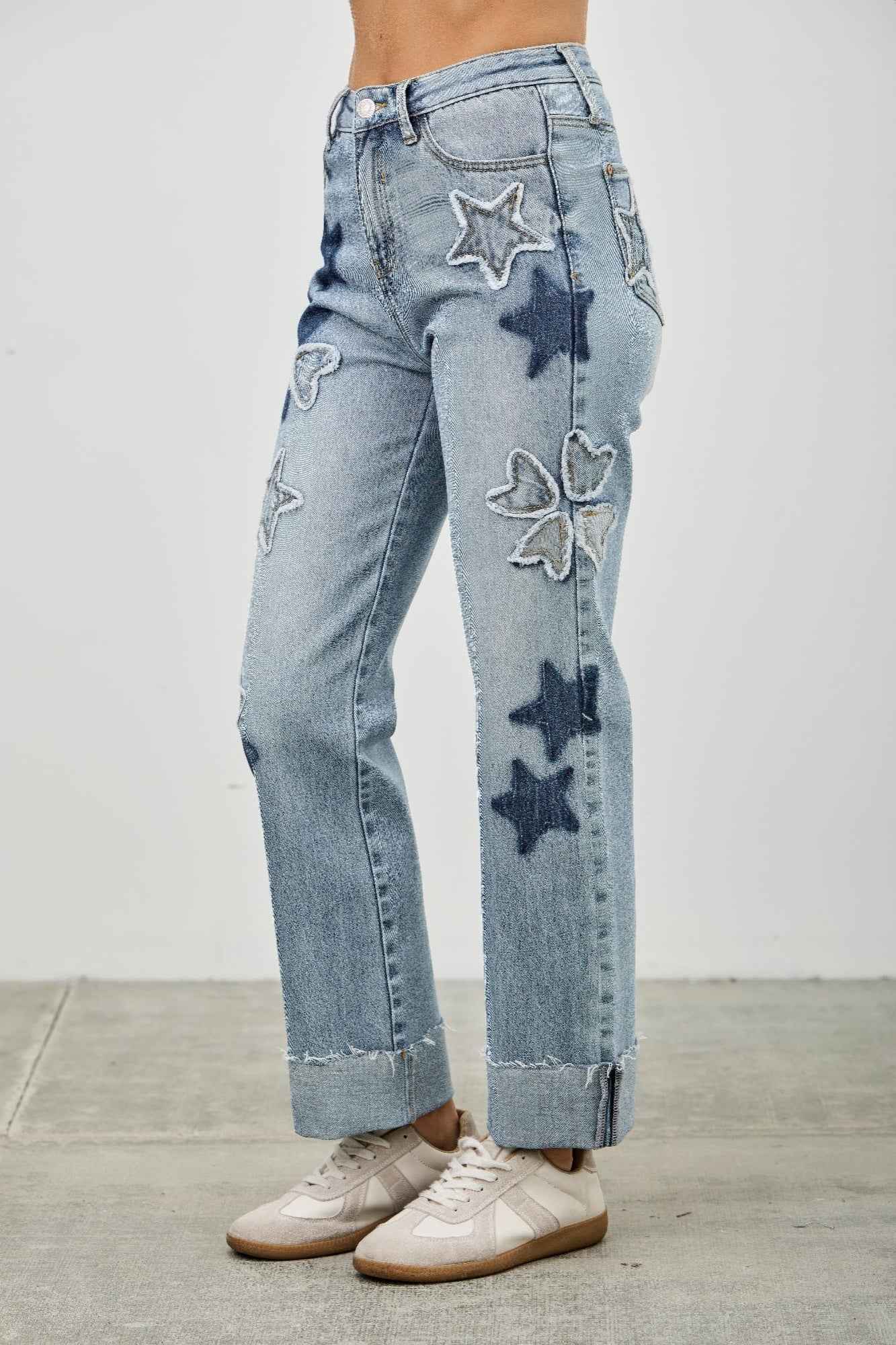 High Rise Star & Heart Patched Dad Jean W/stretch
