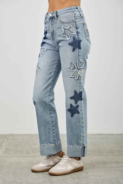High Rise Star & Heart Patched Dad Jean W/stretch