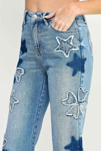 High Rise Star & Heart Patched Dad Jean W/stretch