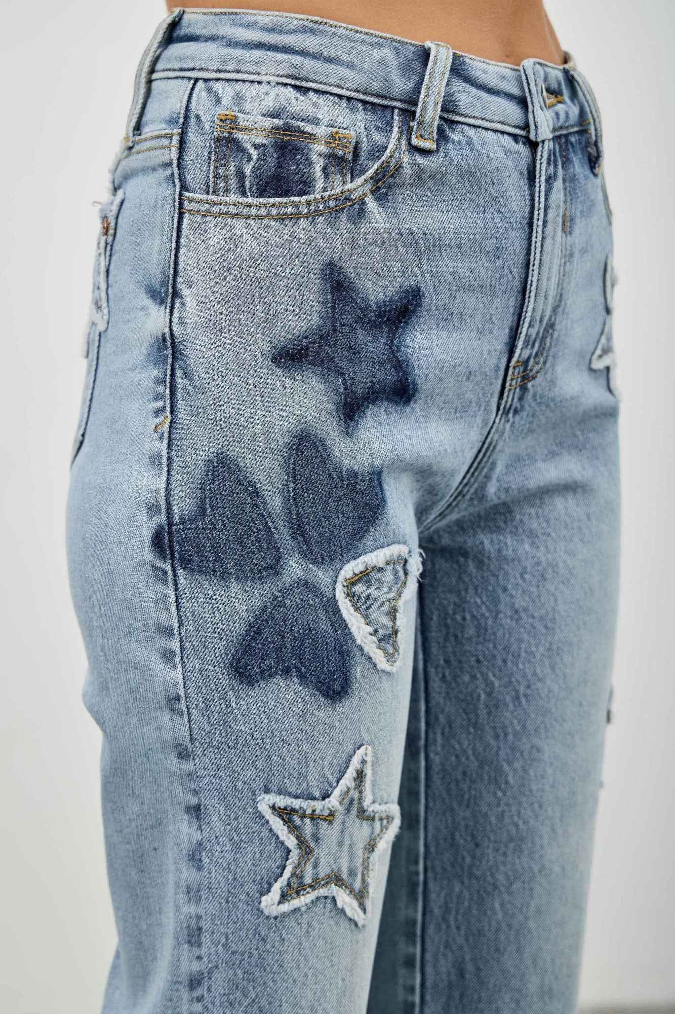 High Rise Star & Heart Patched Dad Jean W/stretch