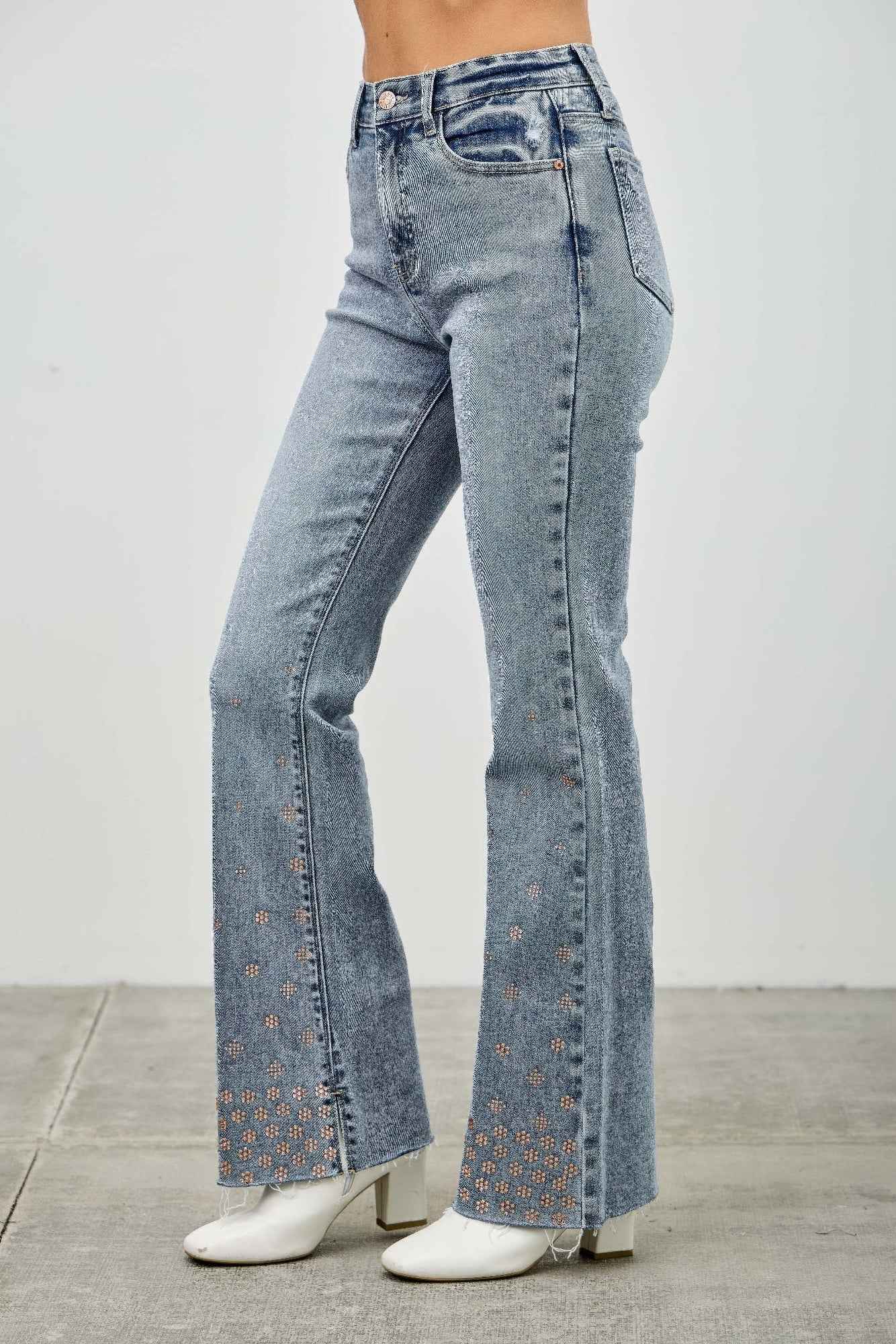 High Rise Kick Flare With Rhinestone