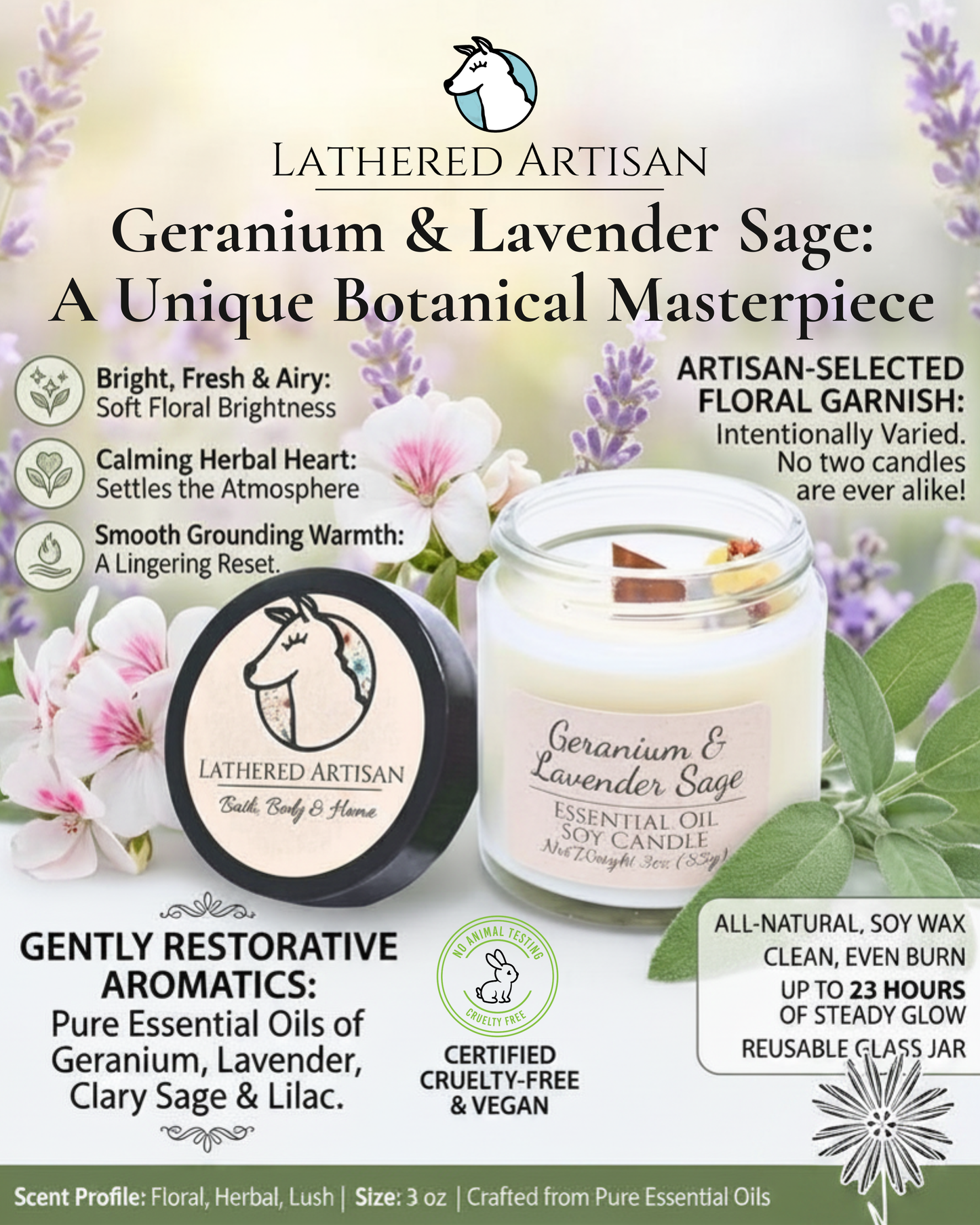 Geranium & Lavender Sage | Essential Oil | 3 oz Jar Candle