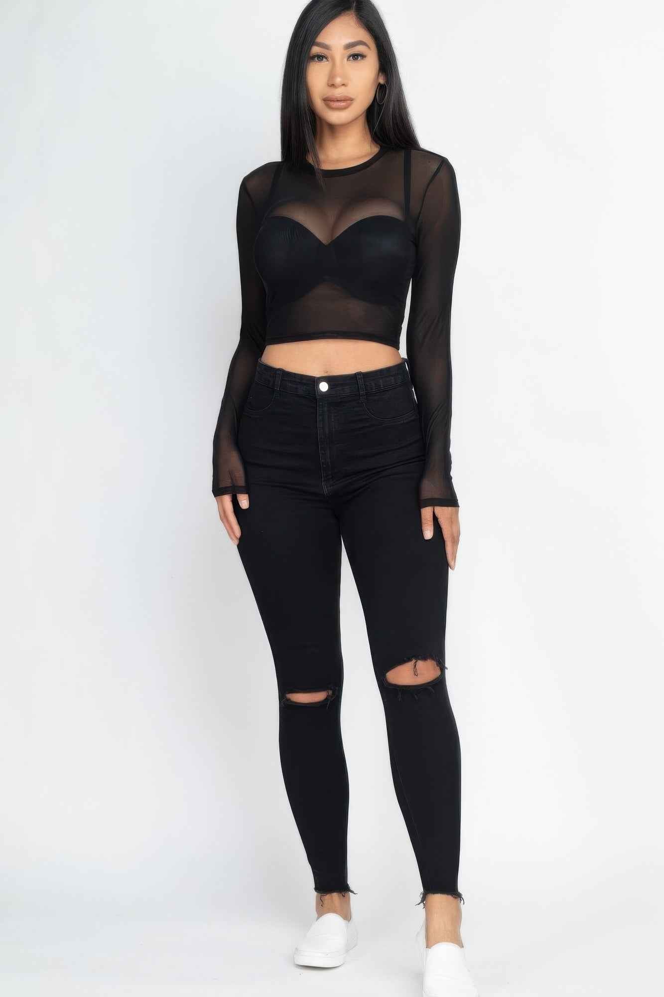 Sheer Mesh Long Sleeve Crop Top