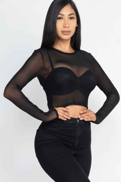 Sheer Mesh Long Sleeve Crop Top