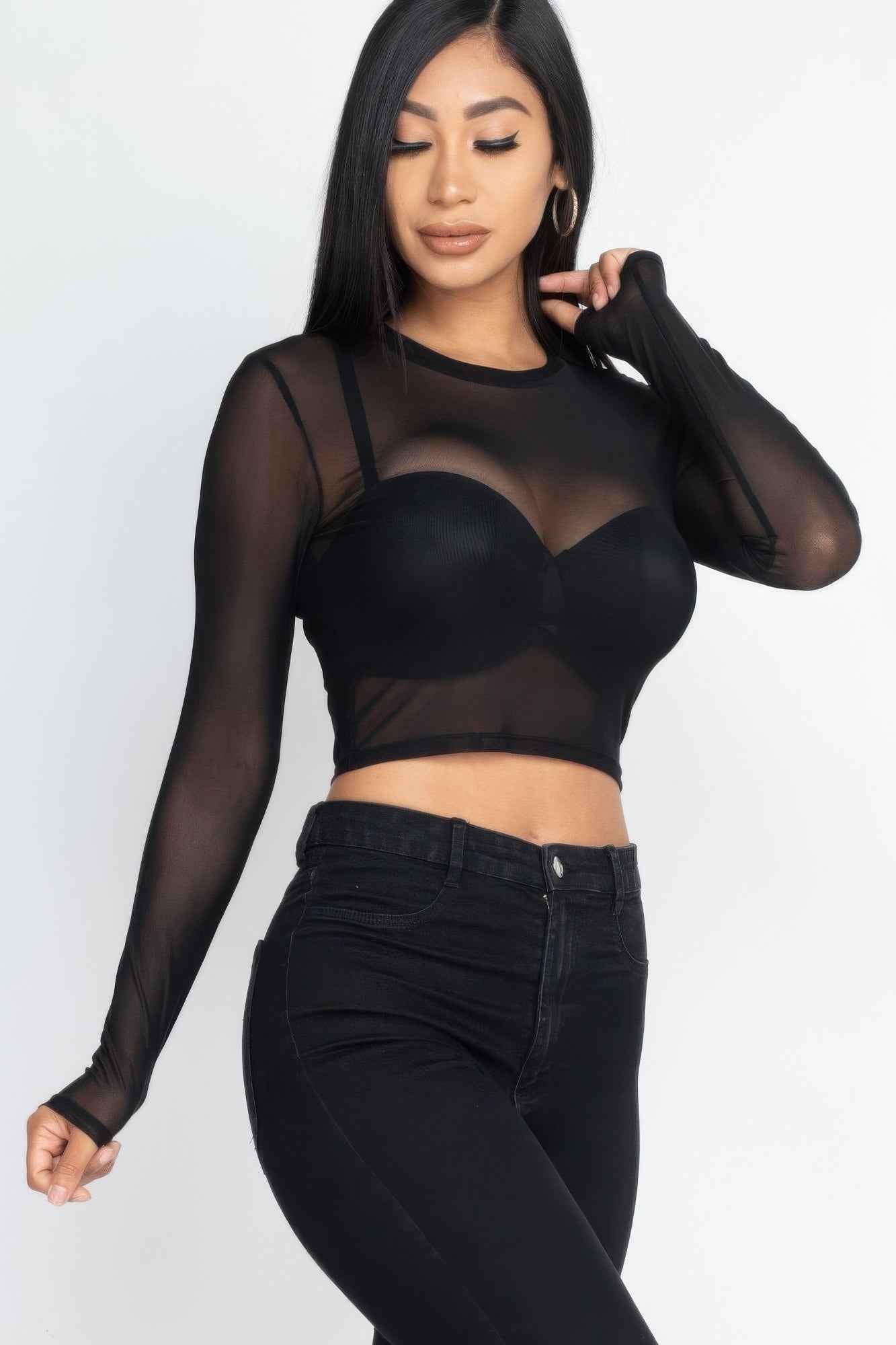 Sheer Mesh Long Sleeve Crop Top