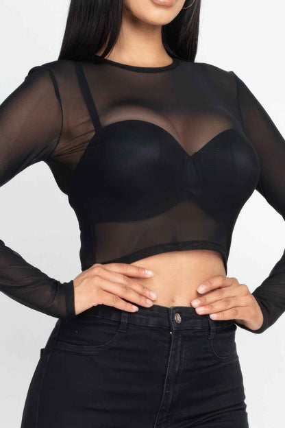 Sheer Mesh Long Sleeve Crop Top