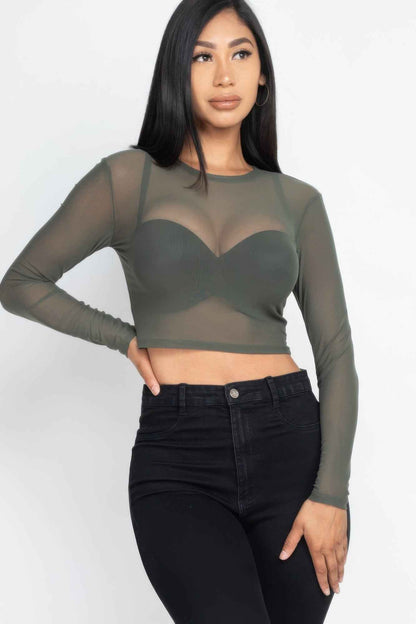 Sheer Mesh Long Sleeve Crop Top