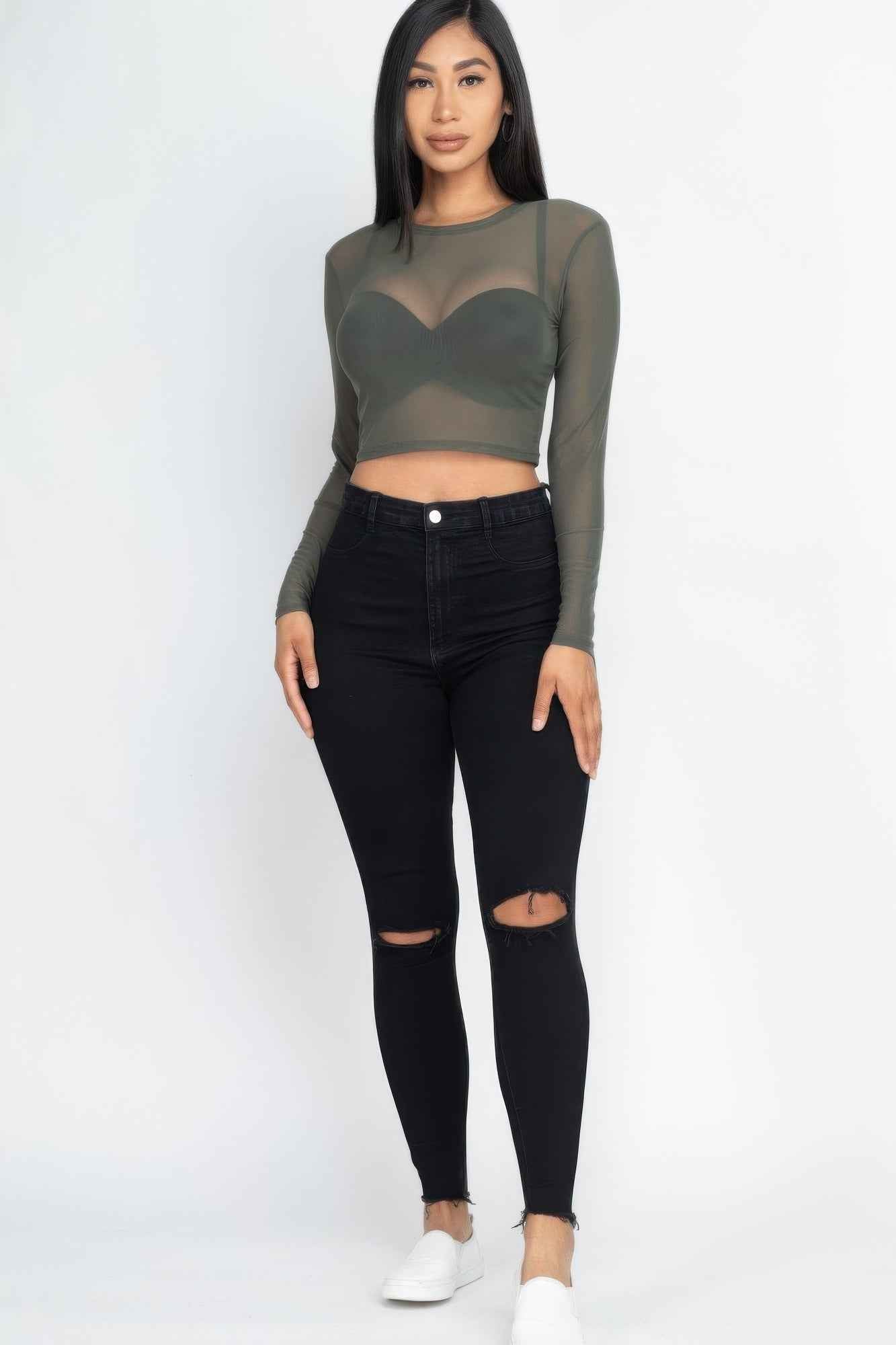 Sheer Mesh Long Sleeve Crop Top