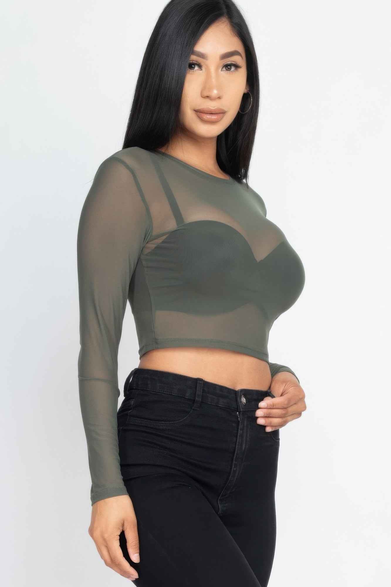 Sheer Mesh Long Sleeve Crop Top