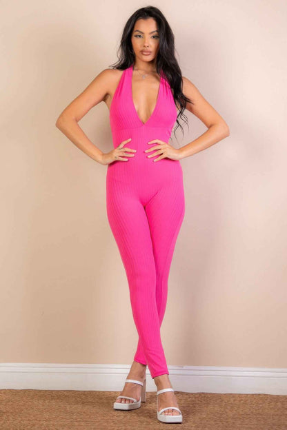 Halter V Neck Ribbed Bodycon Jumpsuit