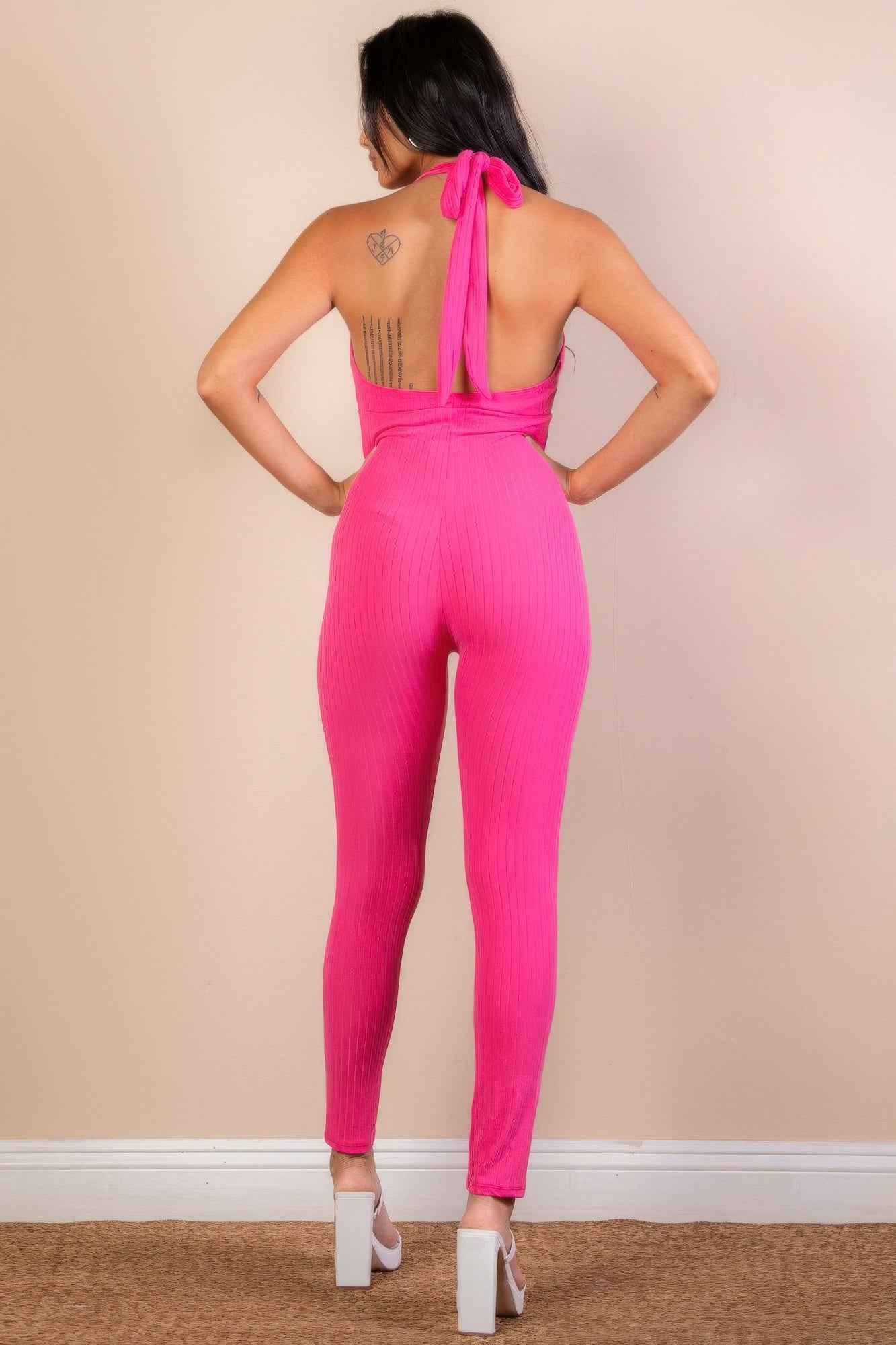 Halter V Neck Ribbed Bodycon Jumpsuit
