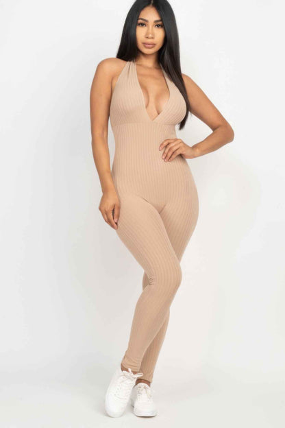 Halter V Neck Ribbed Bodycon Jumpsuit