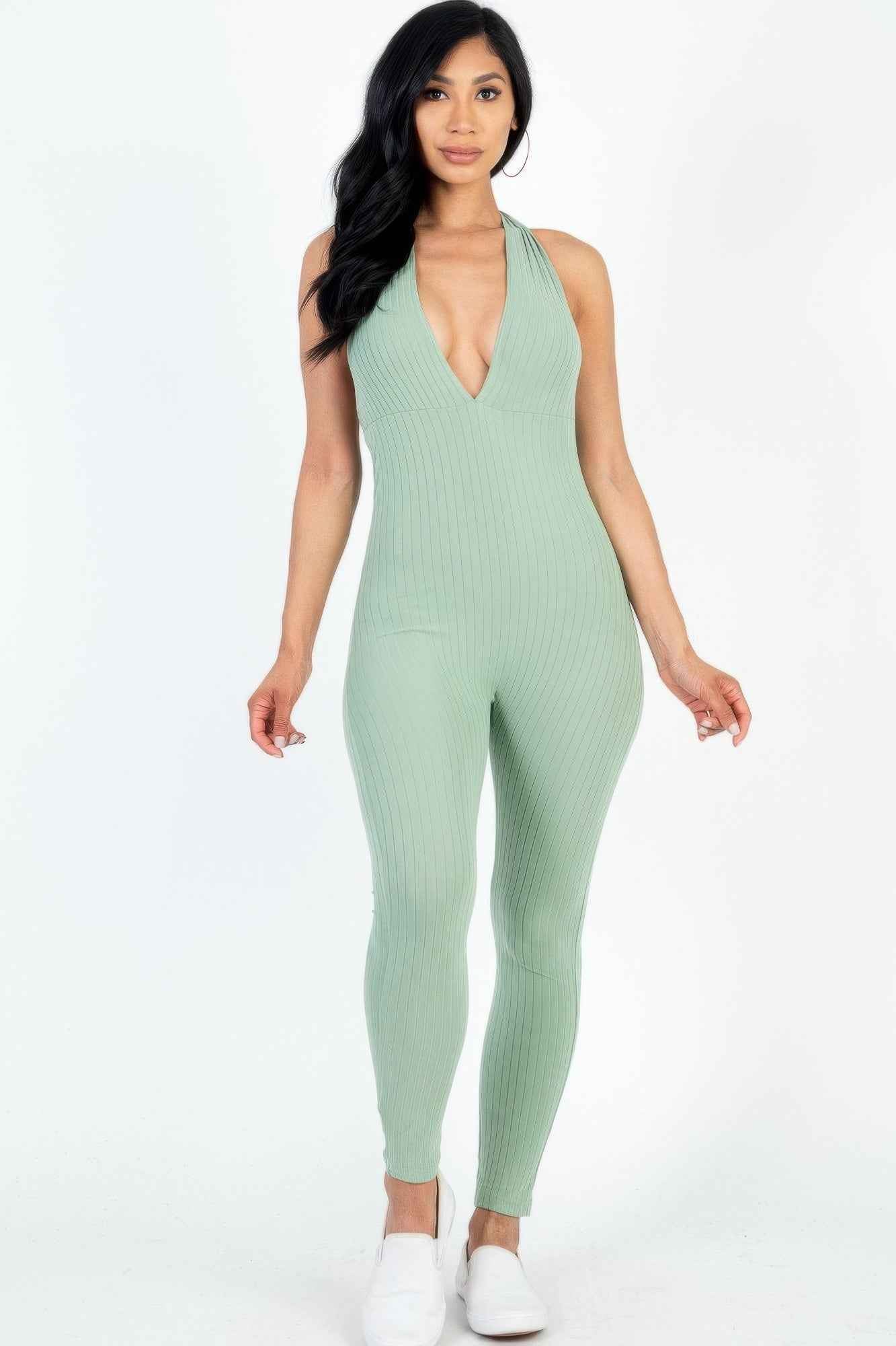 Halter V Neck Ribbed Bodycon Jumpsuit
