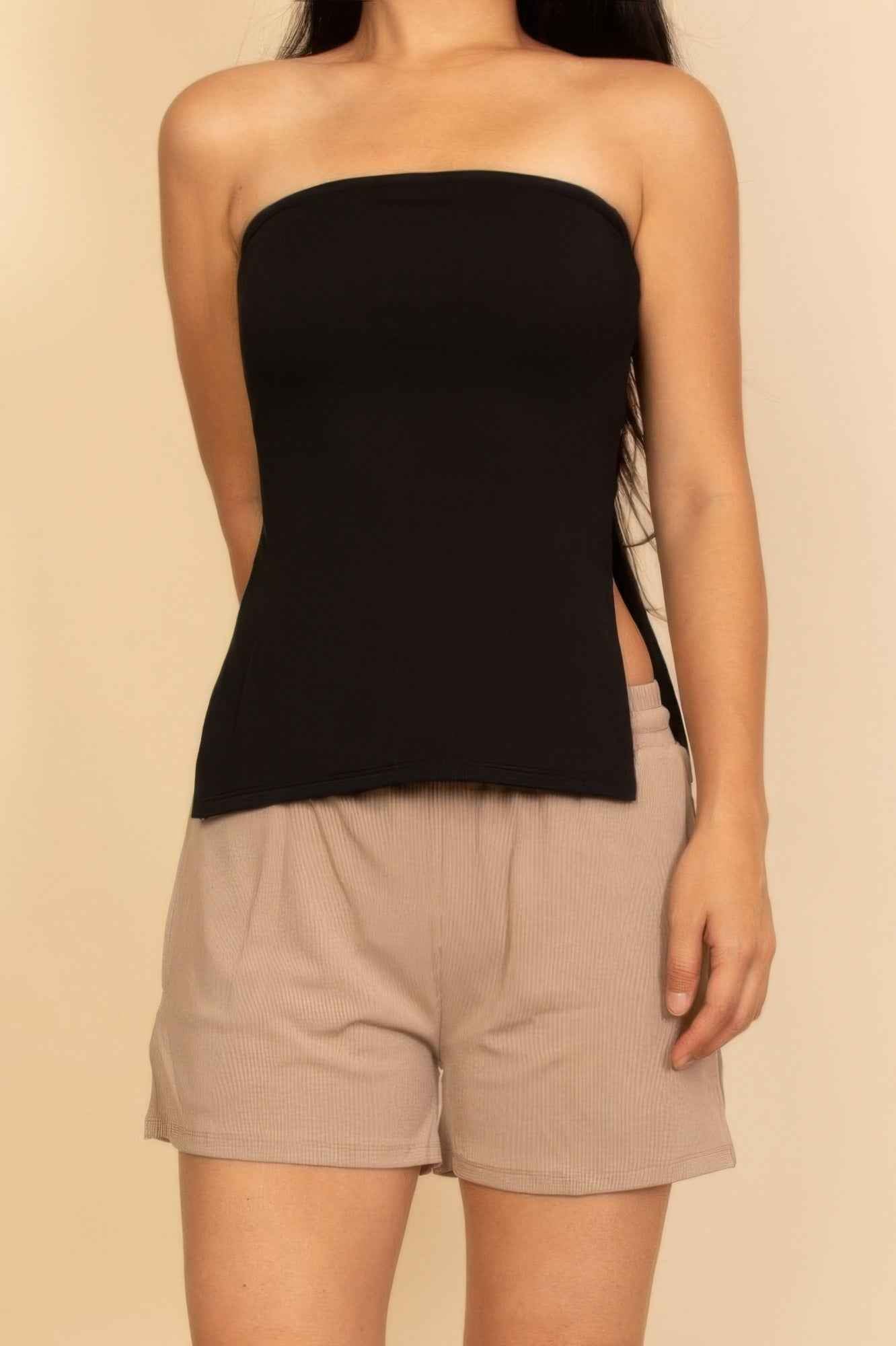 Strapless Ribbed Side-slit Flare Top