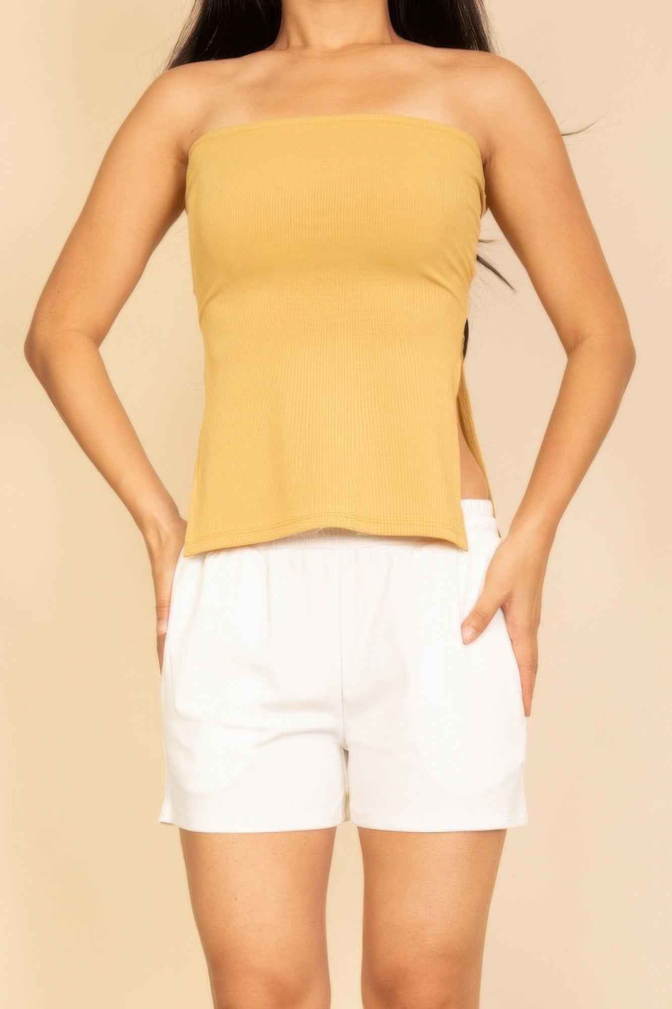 Strapless Ribbed Side-slit Flare Top