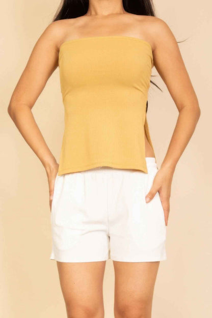 Strapless Ribbed Side-slit Flare Top