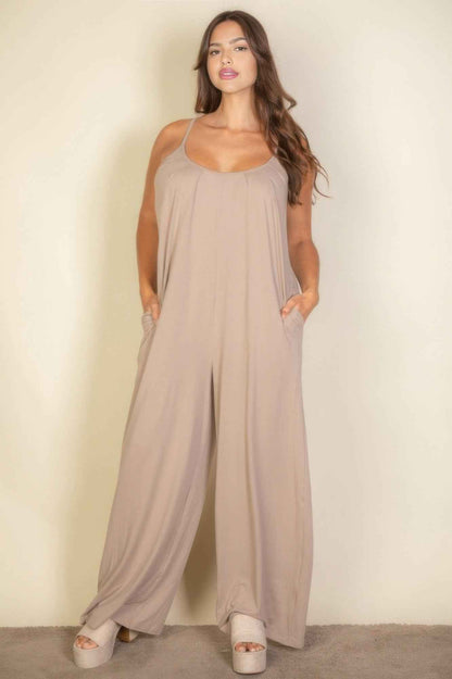 Plus Spaghetti Strap Solid Wide Jumpsuit
