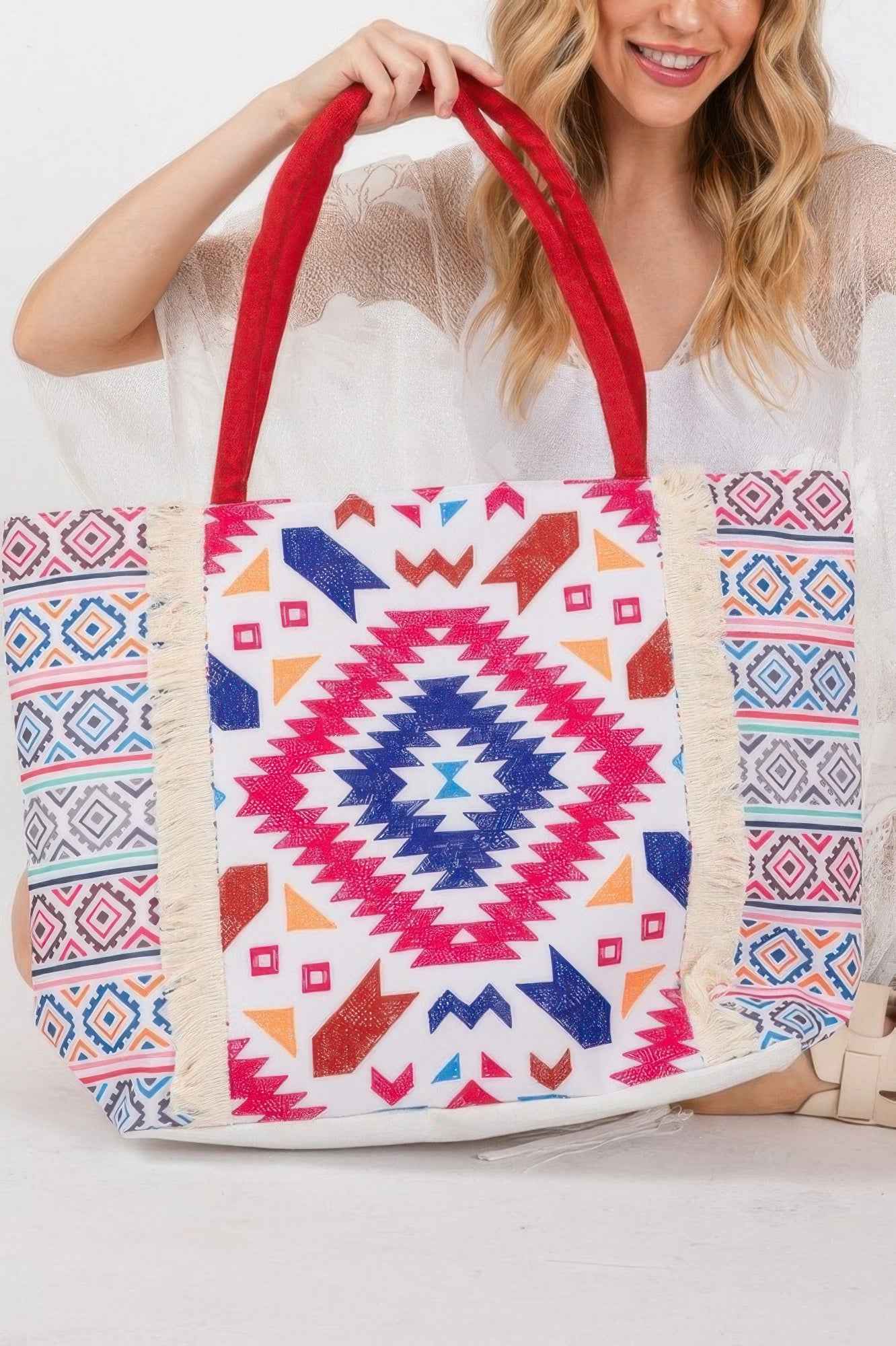 Boho Print Fringe Tote Bag