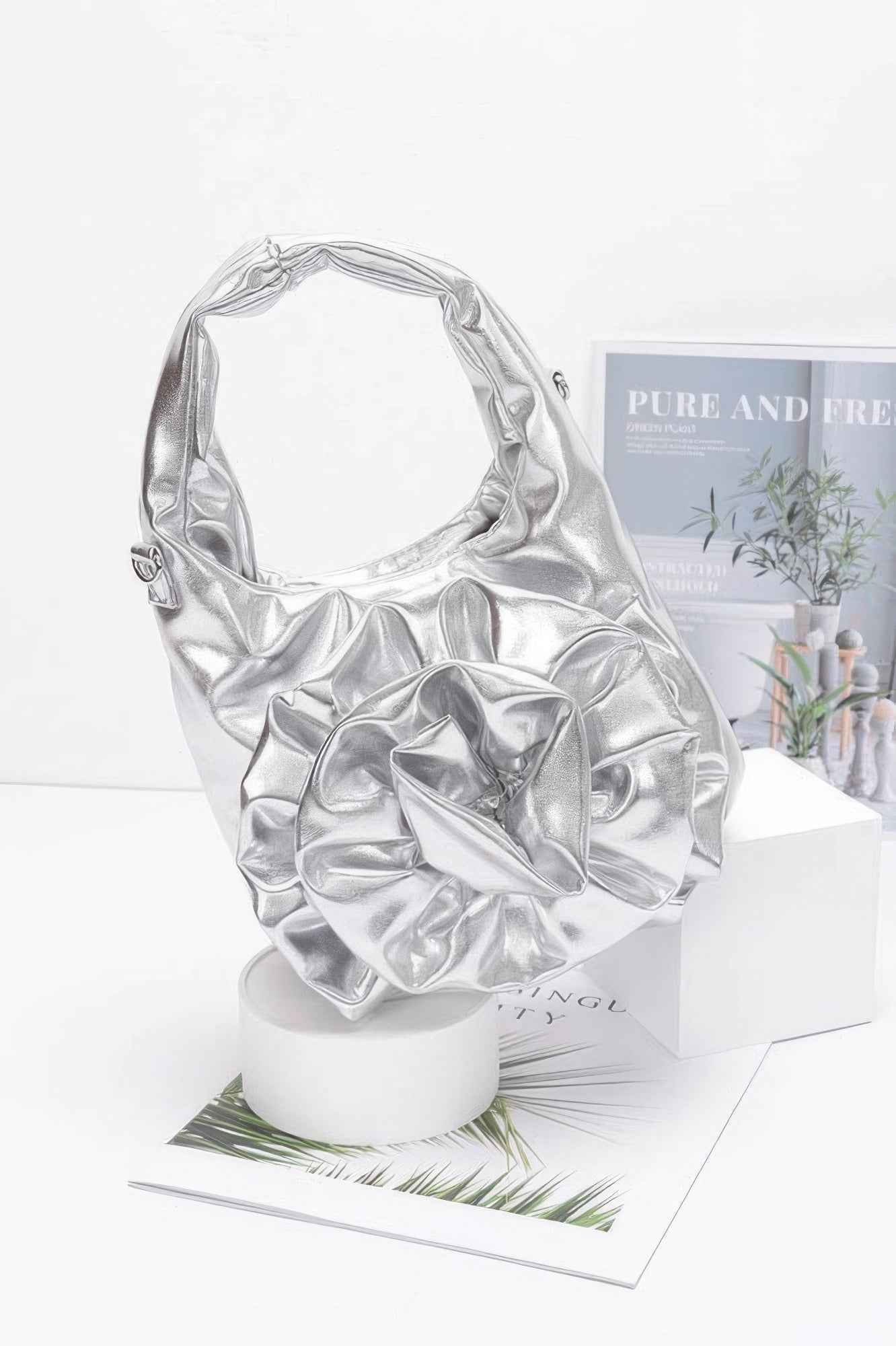 Metallic Big Flower Handle Bag