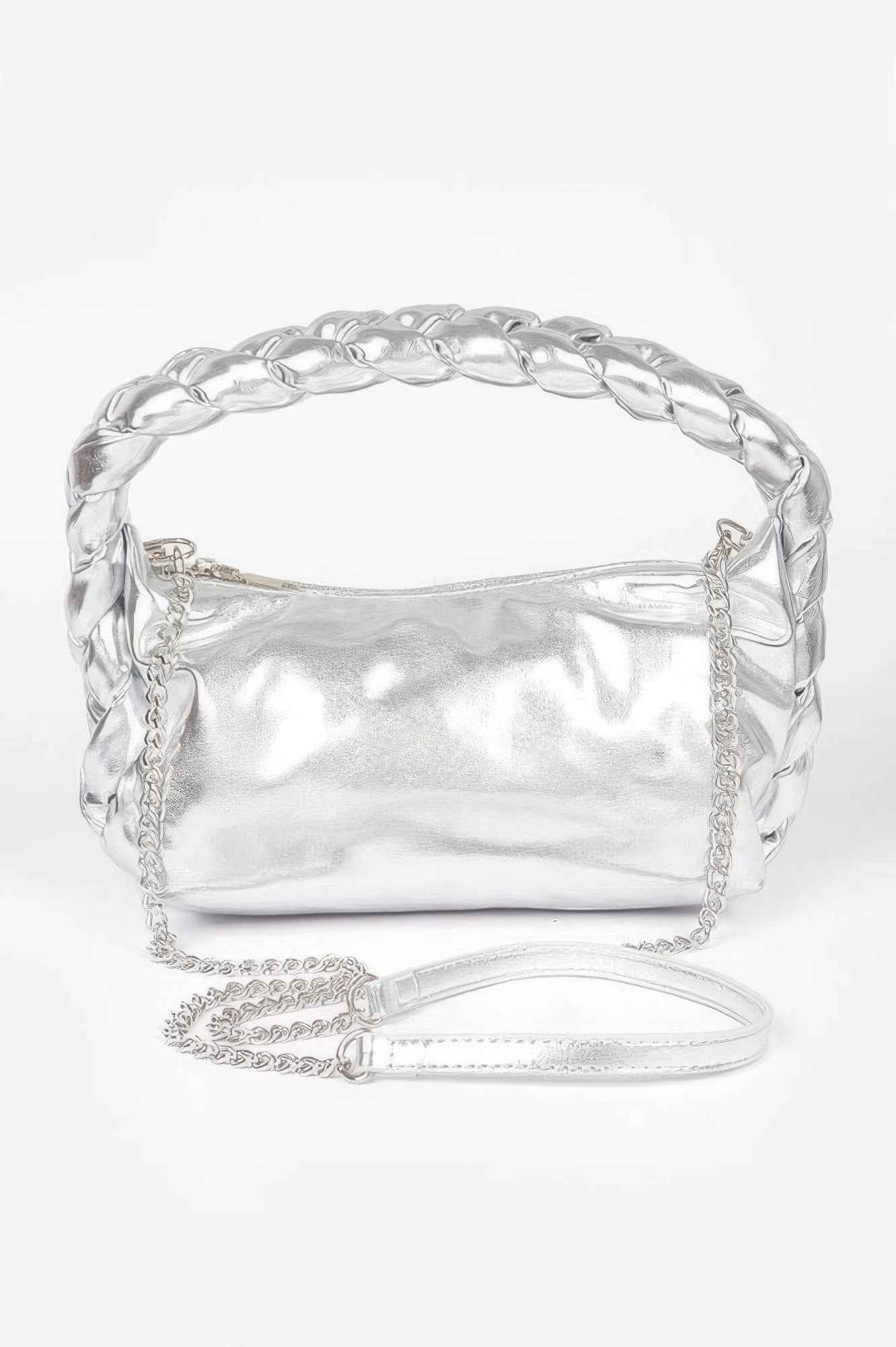 Metallic Leather Braided Handle Clutch