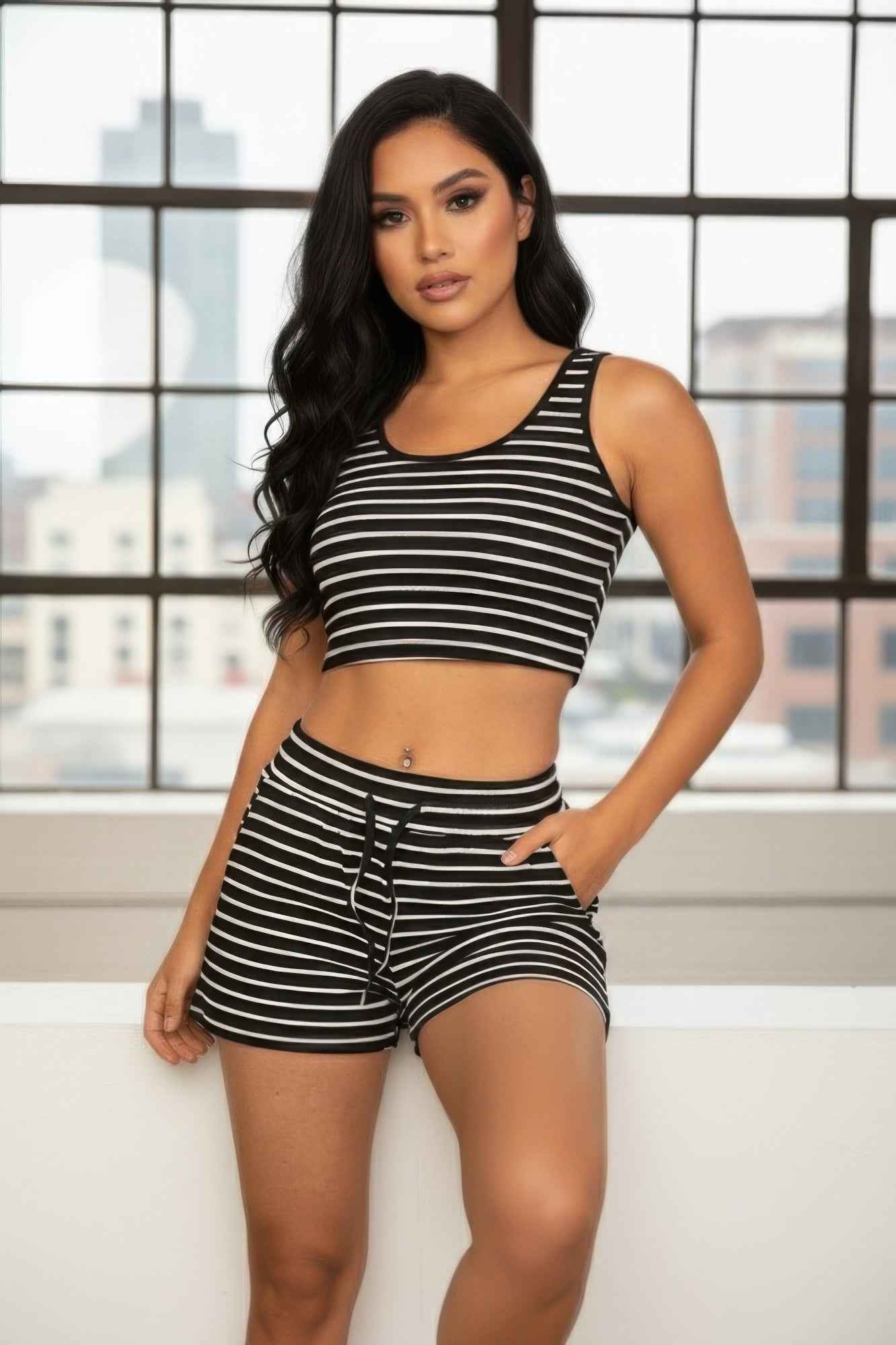 Striped Ribbed Cropped Tank & Shorts Lounge Set