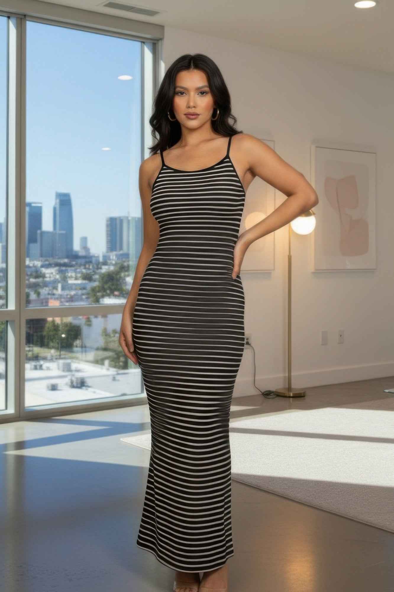 Women's Rib Knit Striped Bodycon Maxi Slip Dress