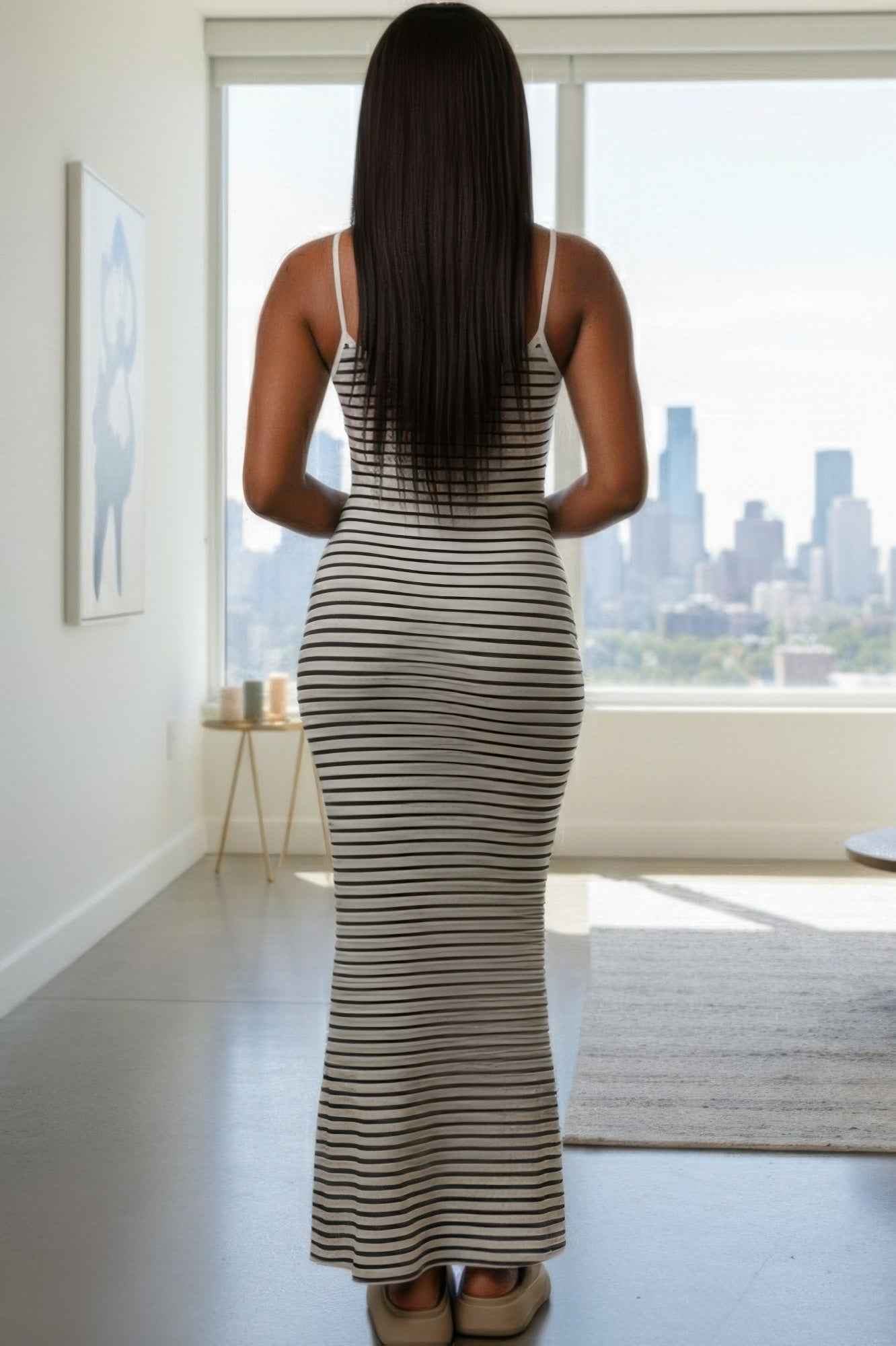 Women's Rib Knit Striped Bodycon Maxi Slip Dress