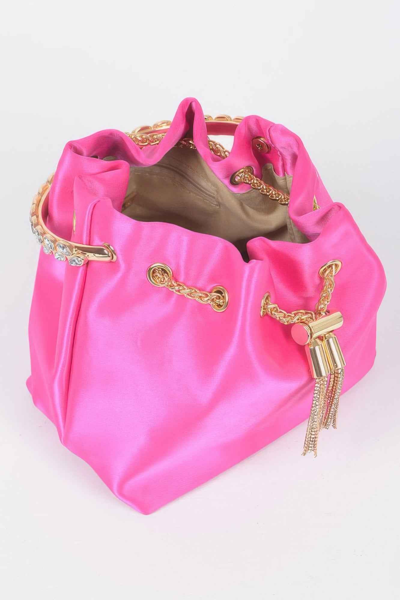 Rhinestone Top Handle Satin Bucket Bag