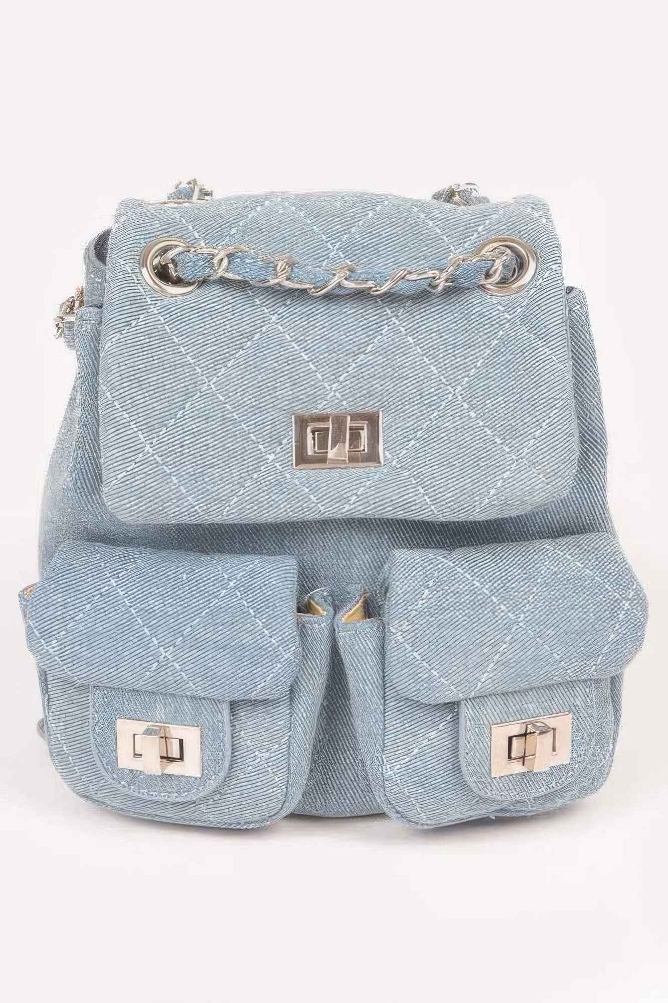 Quilted Denim Double Pocket Front Backpack