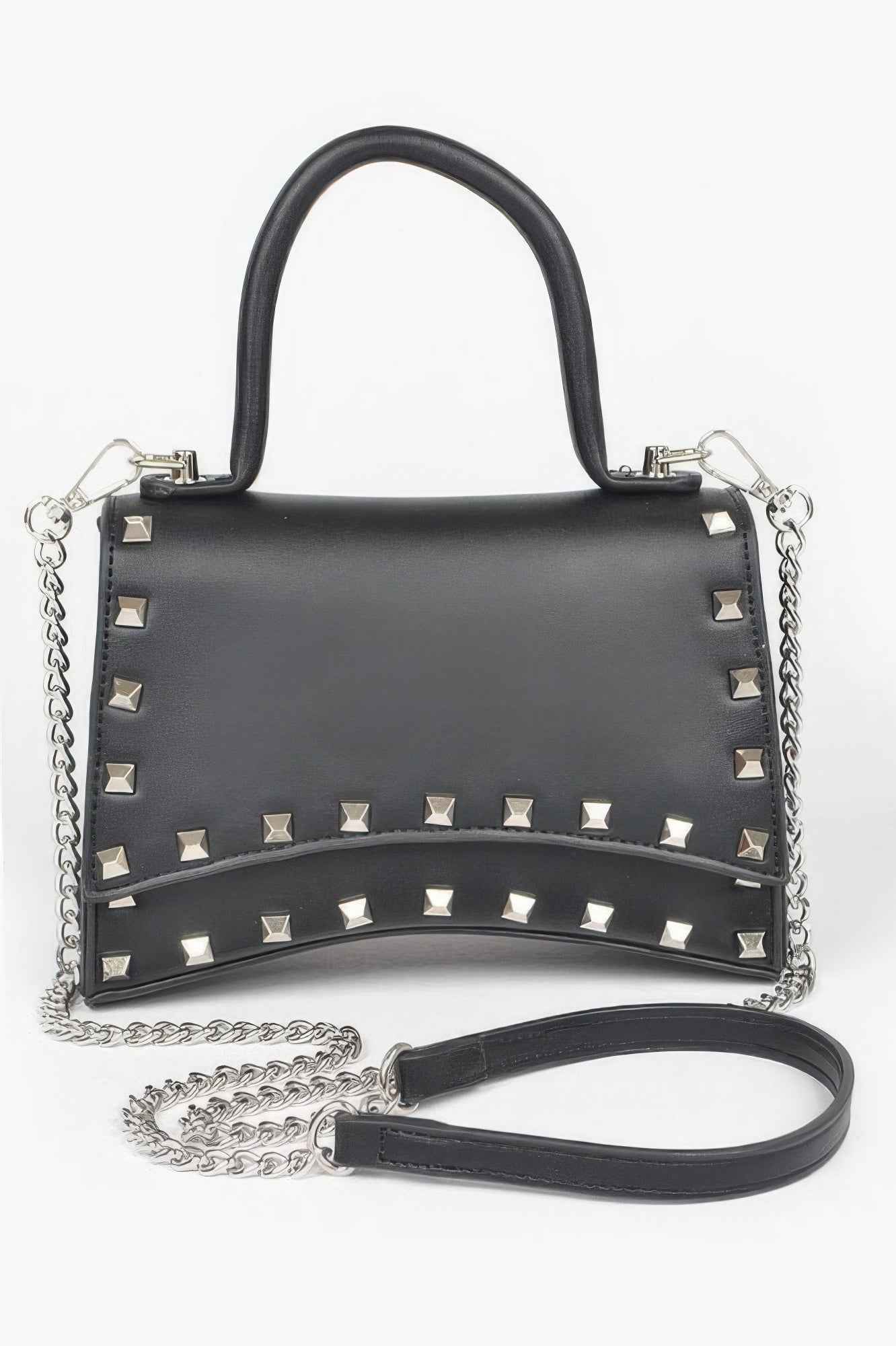 Metallic Faux Leather Studded Top Handle Clutch