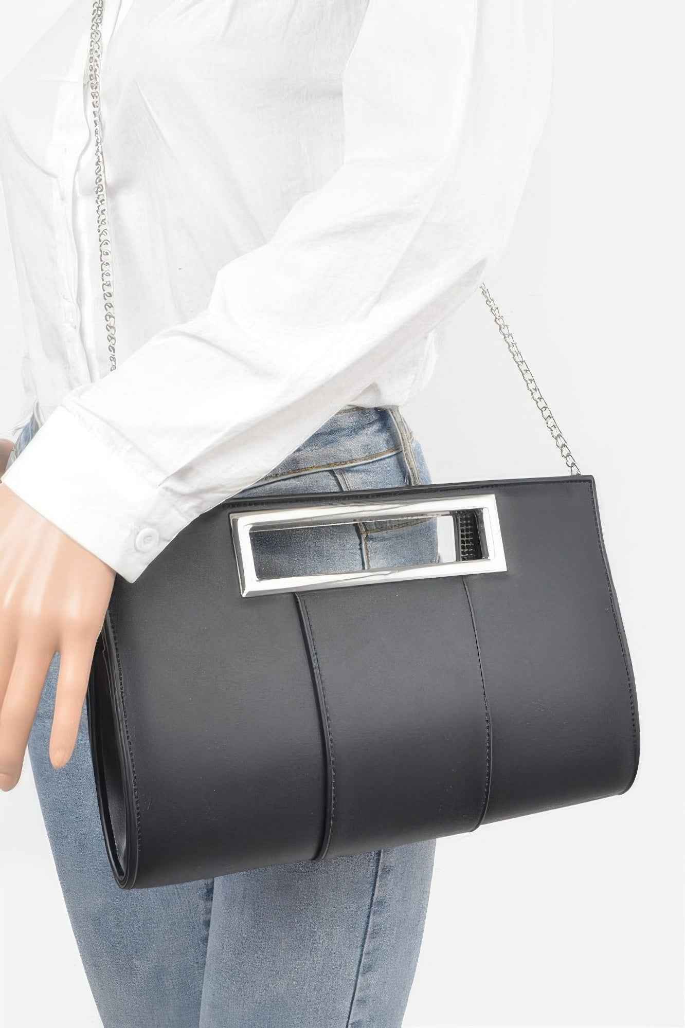 Metallic Faux Leather Handle Clutch