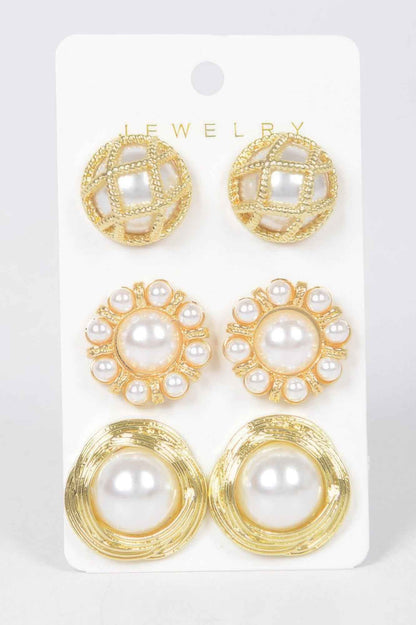 Faux Pearl Metal 3 Pcs Set Stud Earring