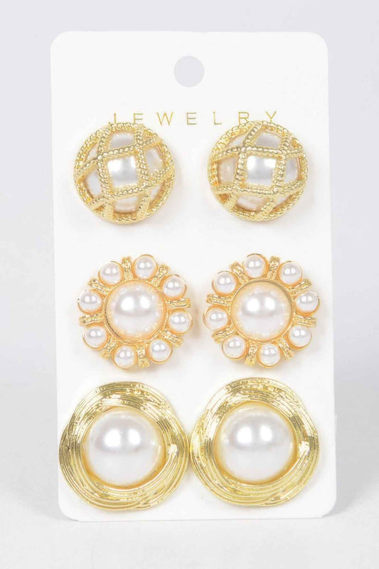 Faux Pearl Metal 3 Pcs Set Stud Earring